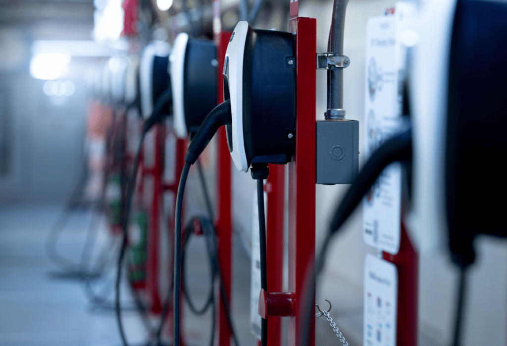 An EV charging station that was helped built by an electrician who took an EV charging course by the City and Guilds.