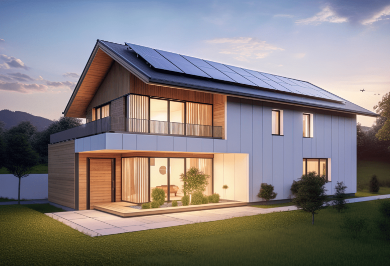 A modern house with solar panels on the roof installed by an electrician, showcasing the rising demand for solar energy in both industrial and domestic settings.