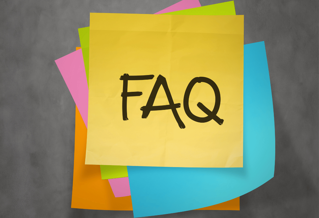 A range of coloured post it notes with the FAQ written on the top one.